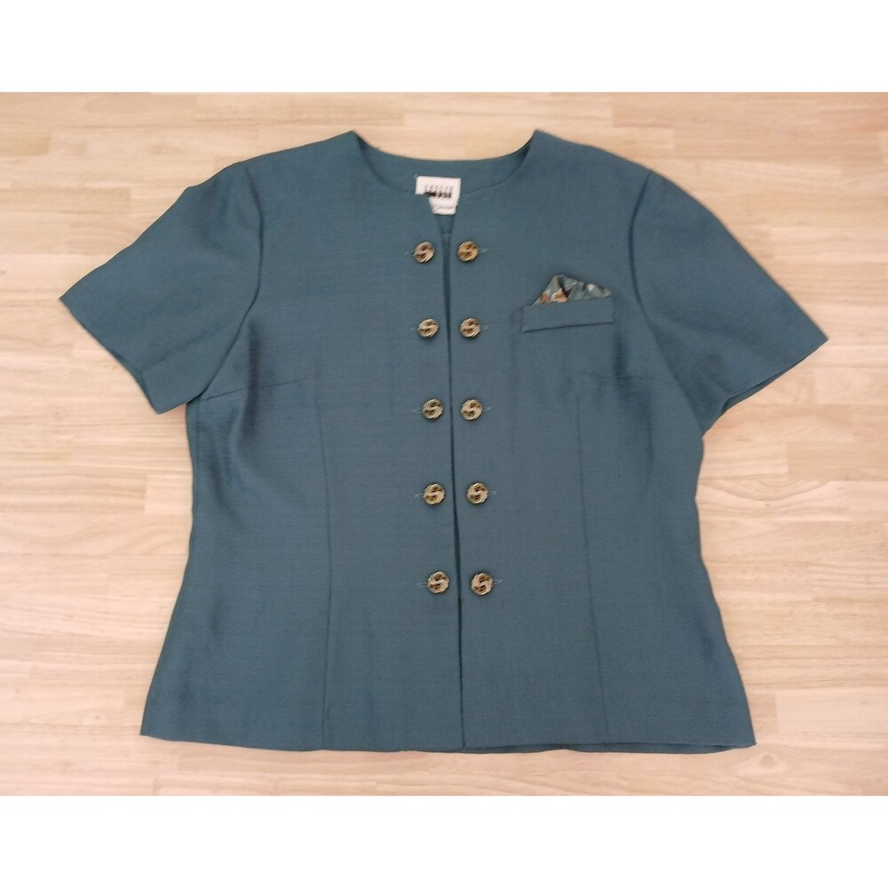 Vintage Leslie Fay Teal Short Sleeve Blazer Jacket Gold Buttons Women's Size 16 - Picture 2 of 13